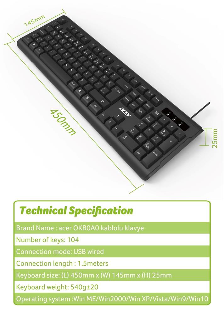 Acer OAK-0A0  Siyah Kablolu Sessiz Tuşlu  Klavye (Caps Lock) (Kablo Uzunluğu 1.50Cm) Caps Lock