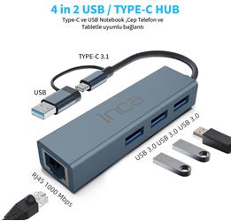 Inca IUTP-03TX Ethernet Usb 3.0+Type-C 3.1 Grişli 000 Mbps 3X3.1Usb Eternet-Çoklayıcı