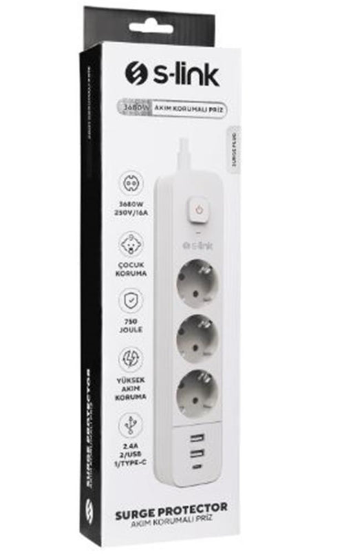 S-link SPG03TC 5V2.4A 1.5m 3x1.00mm 100 yüzde  Bakır 750 Joule 3 lü Anahtarlı Akım Korumalı Beyaz Priz