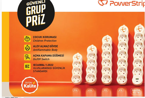 TUNCMATIK POWERSTRIP3 TSK19055 1,5m IEC 66884-1:2022 Standartı, FR(Alev Almaz)anahtarlı grup priz