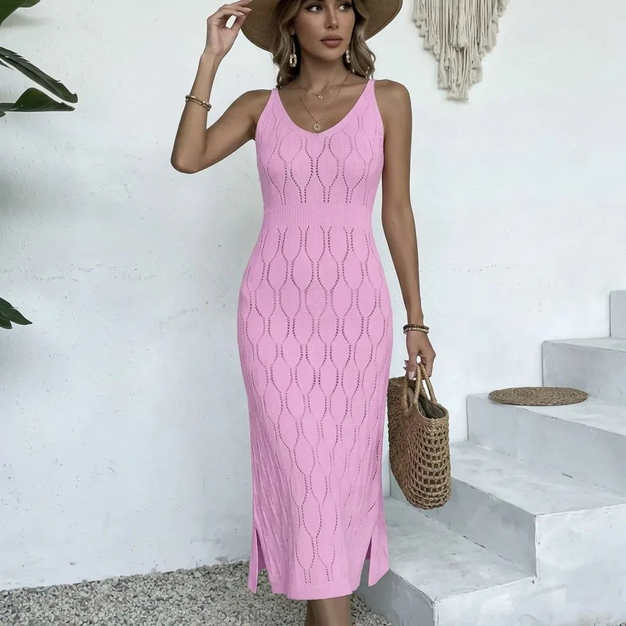 [2604-PEMBE-S] %100 Pamuk Yaprak Desen Belden Lastikli Uzun Triko Plaj Elbisesi