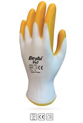 Beybi Nitril Poly PN7 9 Beden Beyaz Sarı Eldiven 12li Paket