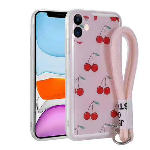 iPhone 11 Kılıf Desenli El Askılı İpli Zore Astana Silikon Kılıf - Kiraz