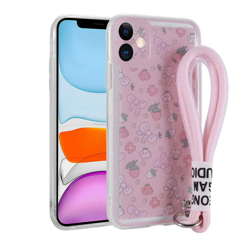 iPhone 11 Kılıf Desenli El Askılı İpli Zore Astana Silikon Kılıf - Çilek