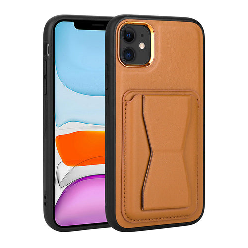 iPhone 11 Kılıf Kartlıklı Standlı ​Pu Deri Zore Memo Kılıf - Kahve Açık