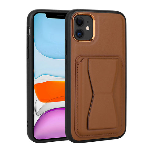 iPhone 11 Kılıf Kartlıklı Standlı ​Pu Deri Zore Memo Kılıf - Kahverengi