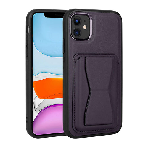 iPhone 11 Kılıf Kartlıklı Standlı ​Pu Deri Zore Memo Kılıf - Koyu Mor