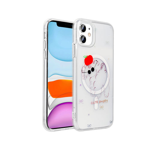 iPhone 11 Kılıf M-Safe Şarj Özellikli Şeffaf Zore Folk Sert Kılıf - Sevimli Köpek