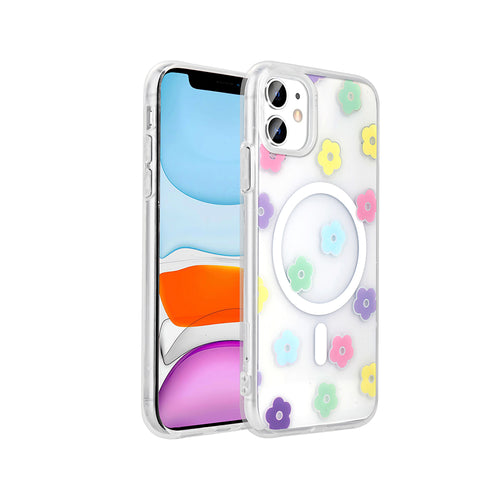 iPhone 11 Kılıf M-Safe Şarj Özellikli Şeffaf Zore Folk Sert Kılıf - Papatya