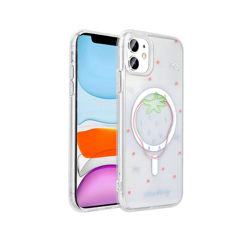 iPhone 11 Kılıf M-Safe Şarj Özellikli Şeffaf Zore Folk Sert Kılıf - Çilek