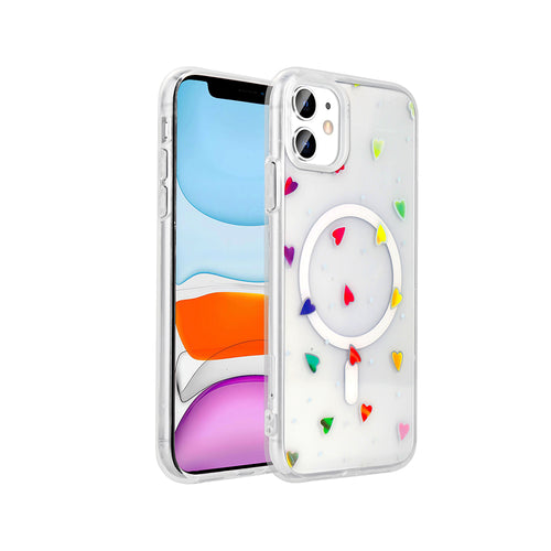 iPhone 11 Kılıf M-Safe Şarj Özellikli Şeffaf Zore Folk Sert Kılıf - Kalp