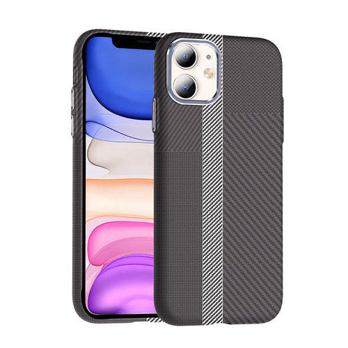 iPhone 11 Kılıf M-safe Şarj Özellikli Karbon Fiber Görünümlü Zore Gros Kılıf - Gri-Siyah