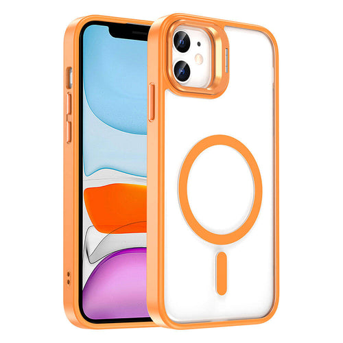 iPhone 11 Kılıf M-safe Şarj Özellikli Standlı Zore M-safe Klon Lensli Kılıf - Turuncu