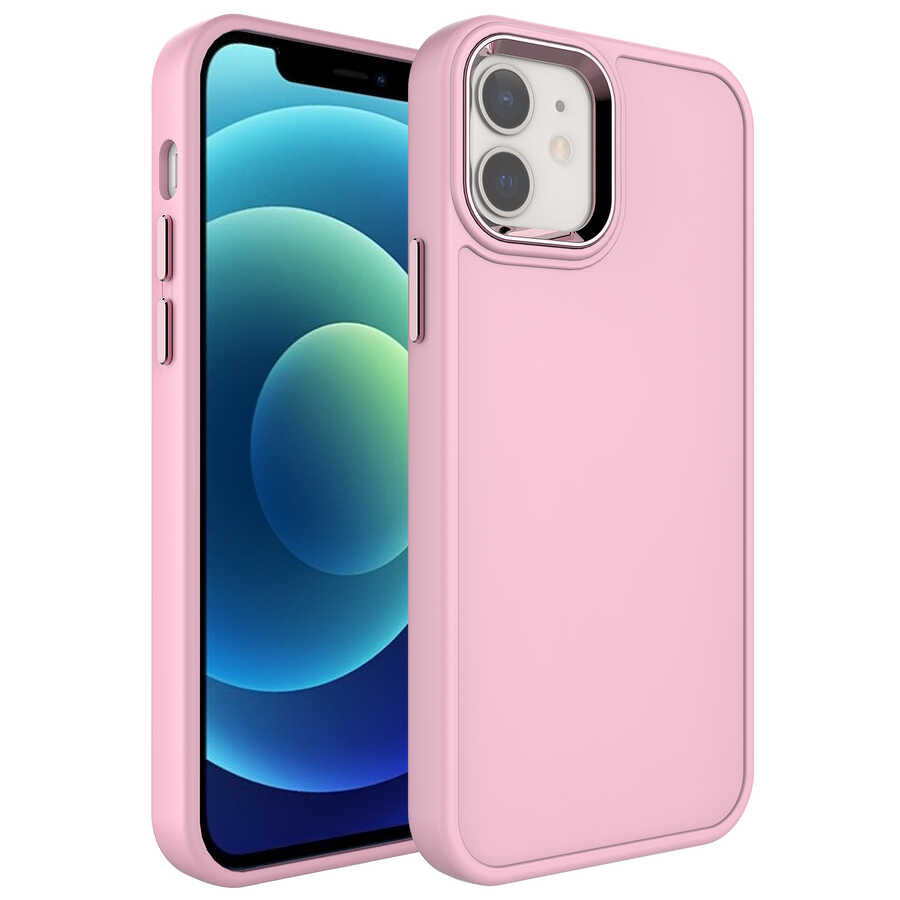 iPhone 11 Kılıf Metal Çerçeve ve Buton Tasarımlı Sert Zore Botox Kılıf - Pembe Açık