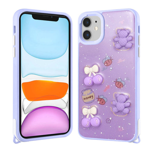 iPhone 11 Kılıf Parlayan Simli Kabartma Figürlü Zore Cevze Kılıf - Mor Ayı