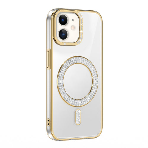 iPhone 11 Kılıf Pırlanta Taş Tasarımlı M-safe Şarj Özellikli Zore Karetta Silikon Kılıf - Gold