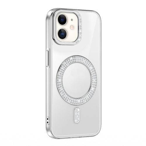 iPhone 11 Kılıf Pırlanta Taş Tasarımlı M-safe Şarj Özellikli Zore Karetta Silikon Kılıf - Gümüş