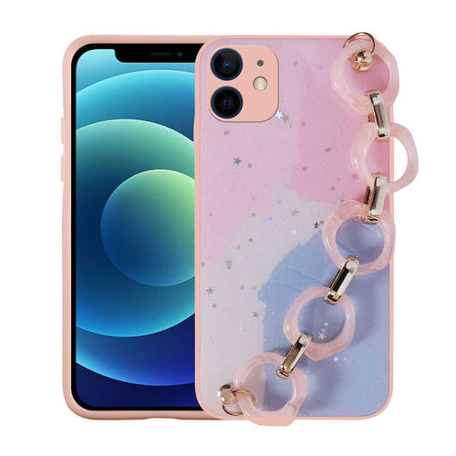 iPhone 11 Kılıf Simli Desenli El Askılı Tutacaklı Zore Elsa Silikon Kılıf - Pembe