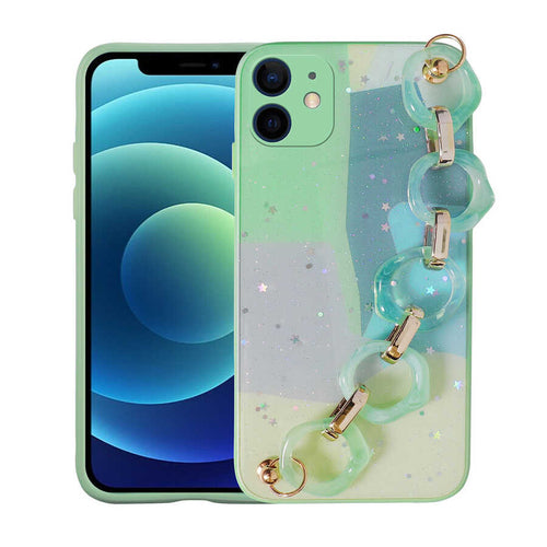 iPhone 11 Kılıf Simli Desenli El Askılı Tutacaklı Zore Elsa Silikon Kılıf - Yeşil
