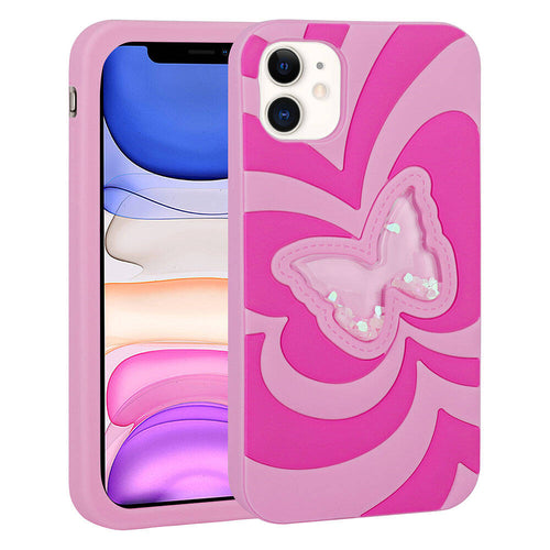 iPhone 11 Kılıf Sıvılı Simli Kelebekli Tasarım Zore Vodena Kılıf - Pembe Koyu