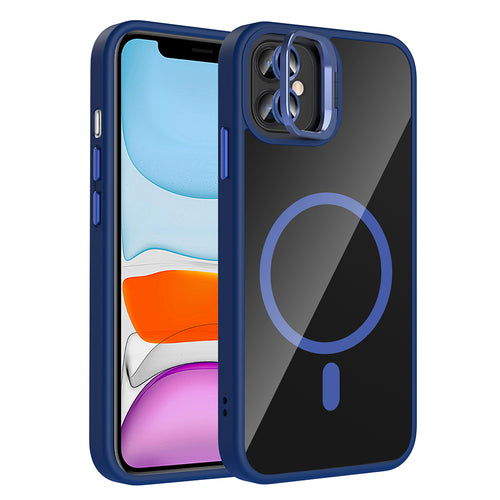 iPhone 11 Kılıf Standlı ve Kamera Lens Hediyeli M-Safe Şarj Özellikli Zore Etro Kılıf - Lacivert