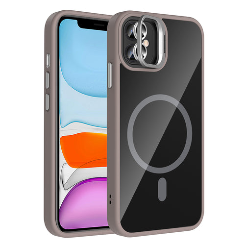 iPhone 11 Kılıf Standlı ve Kamera Lens Hediyeli M-Safe Şarj Özellikli Zore Etro Kılıf - Gri