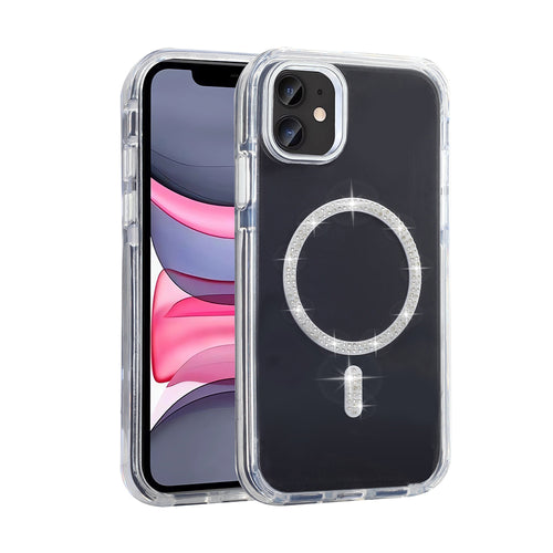 iPhone 11 Kılıf Taşlı Tasarım M-safe Şarj Özellikli Zore Koment Silikon Kılıf - Gümüş