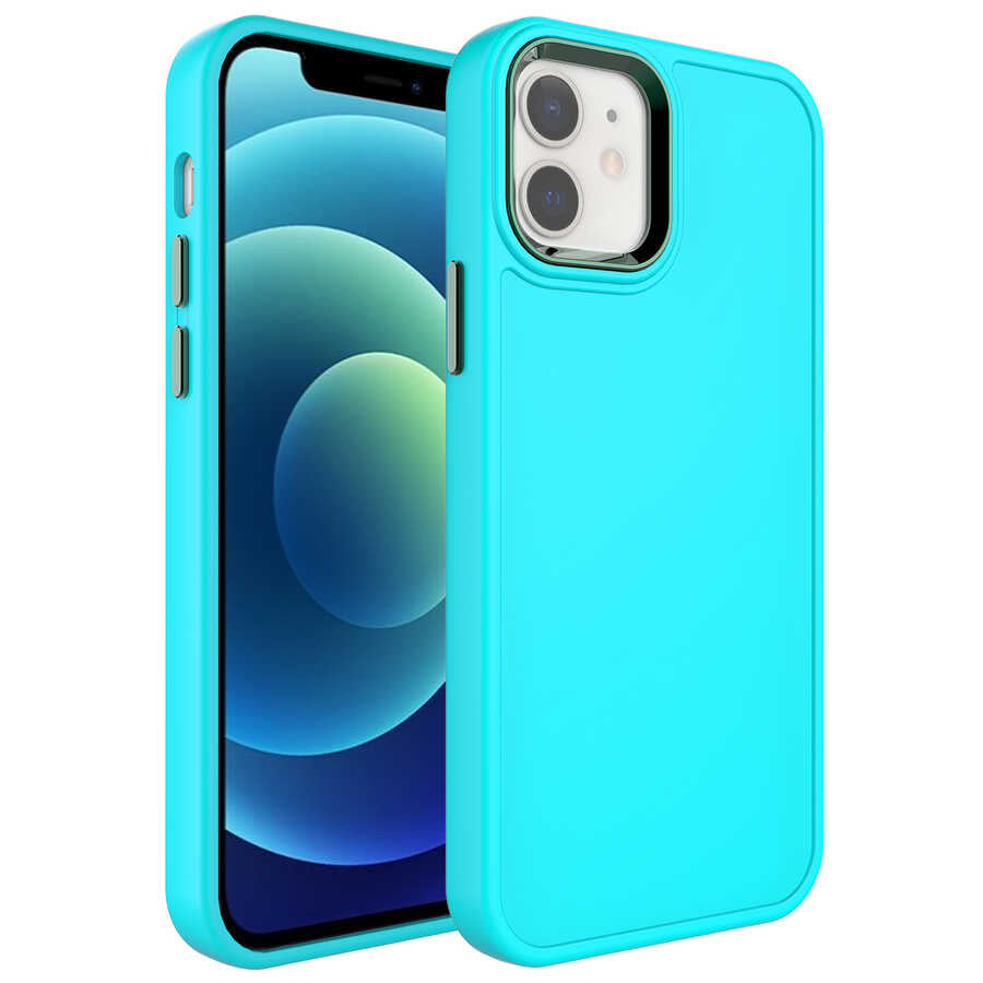 iPhone 12 Kılıf Metal Çerçeve ve Buton Tasarımlı Sert Zore Botox Kılıf - Turkuaz