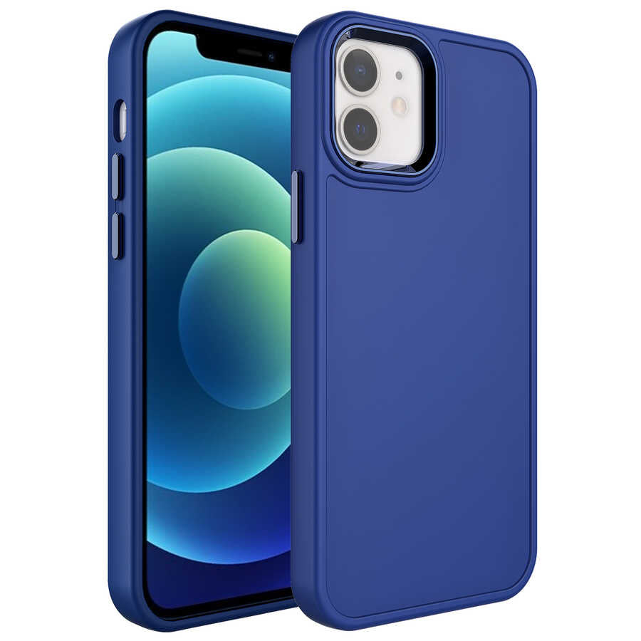 iPhone 12 Kılıf Metal Çerçeve ve Buton Tasarımlı Sert Zore Botox Kılıf - Lacivert