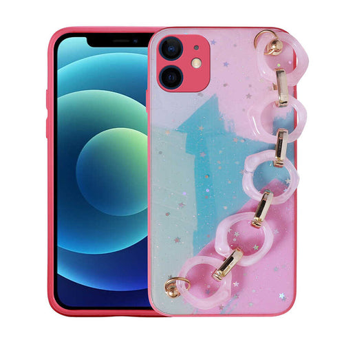 iPhone 12 Kılıf Simli Desenli El Askılı Tutacaklı Zore Elsa Silikon Kılıf - Pembe Koyu