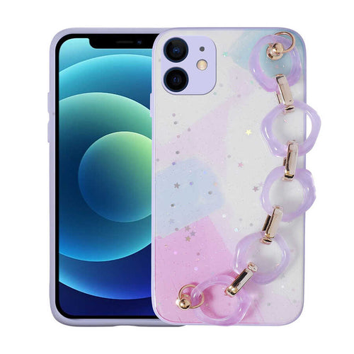 iPhone 12 Kılıf Simli Desenli El Askılı Tutacaklı Zore Elsa Silikon Kılıf - Lila