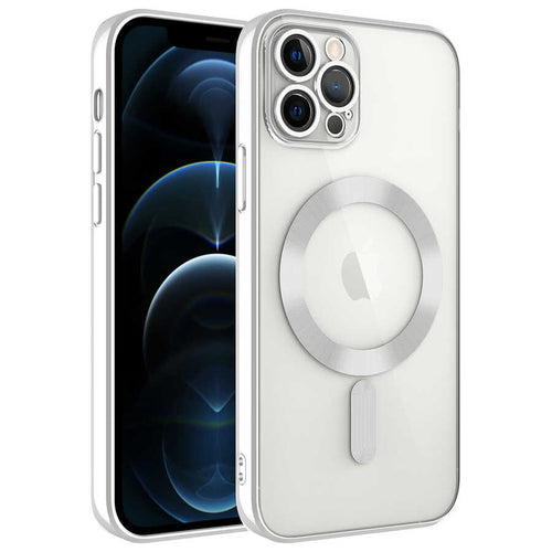 iPhone 12 Pro Kılıf Kamera Korumalı M-safe Wireless Şarj Özellikli Zore Demre Kılıf - Gümüş