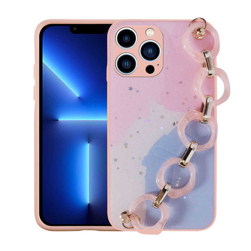 iPhone 12 Pro Kılıf Simli Desenli El Askılı Tutacaklı Zore Elsa Silikon Kılıf - Pembe