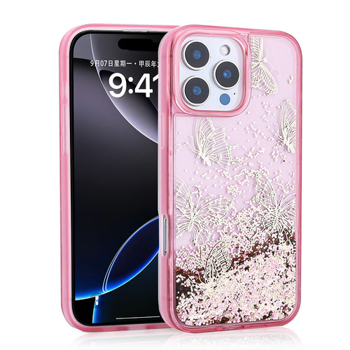 iPhone 12 Pro Kılıf Sıvılı Simli Kelebek Baskılı Şeffaf Arka Yüzey Zore Glis Silikon Kılıf - Pembe