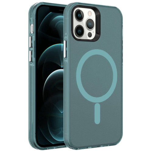 iPhone 12 Pro Kılıf Zore M-safe Şarj Özellikli Buzlu Transparan C-Pro Sert Kılıf - Koyu Yeşil