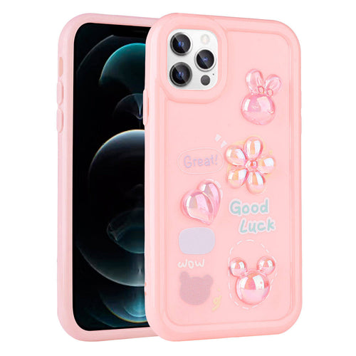 iPhone 12 Pro Max Kılıf Kabartma Figürlü Parlak Zore Toys Silikon Kılıf - Pembe