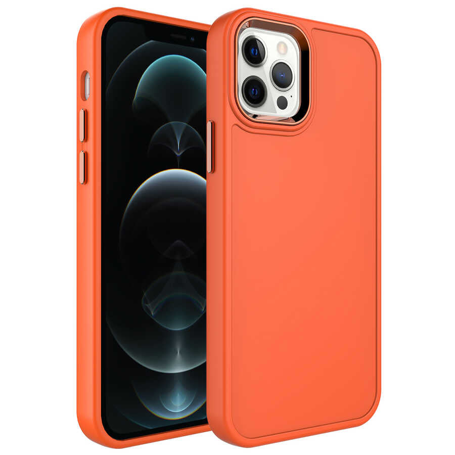 iPhone 12 Pro Max Kılıf Metal Çerçeve ve Buton Tasarımlı Sert Zore Botox Kılıf - Turuncu