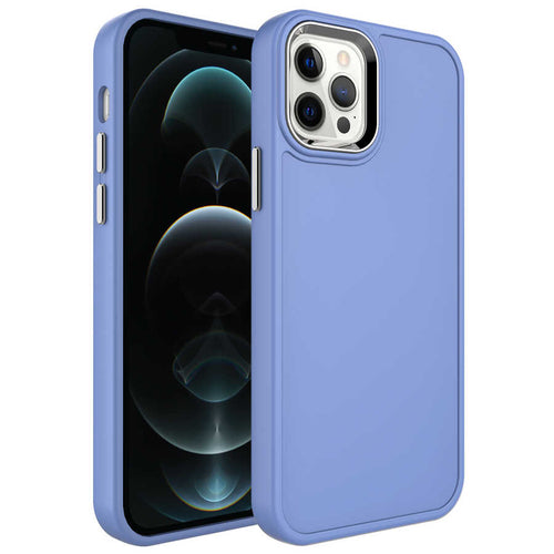 iPhone 12 Pro Max Kılıf Metal Çerçeve ve Buton Tasarımlı Sert Zore Botox Kılıf - Lavendery Gray