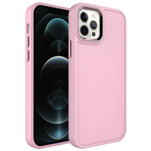 iPhone 12 Pro Max Kılıf Metal Çerçeve ve Buton Tasarımlı Sert Zore Botox Kılıf - Pembe Açık