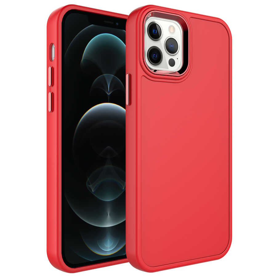 iPhone 12 Pro Max Kılıf Metal Çerçeve ve Buton Tasarımlı Sert Zore Botox Kılıf - Kırmızı