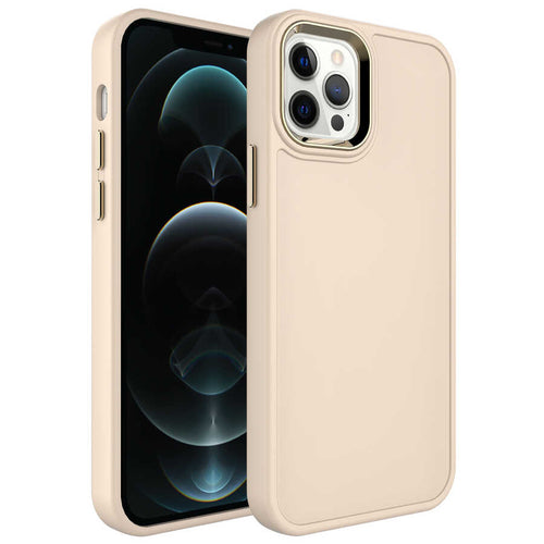 iPhone 12 Pro Max Kılıf Metal Çerçeve ve Buton Tasarımlı Sert Zore Botox Kılıf - Krem
