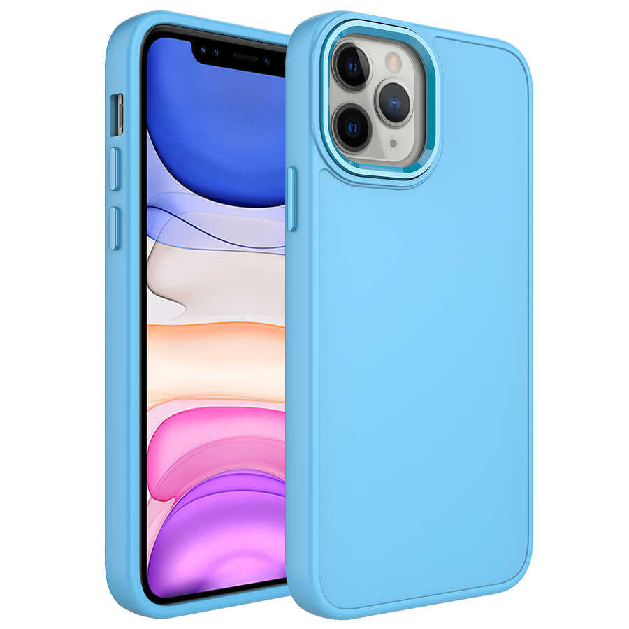 iPhone 12 Pro Max Kılıf Metal Çerçeve ve Buton Tasarımlı Silikon Zore Luna Kılıf - Sierra Mavi