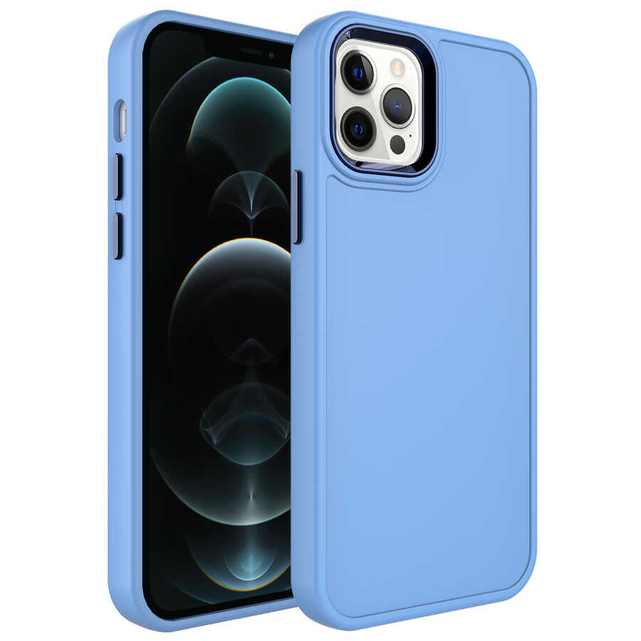 iPhone 13 Pro Max Kılıf Metal Çerçeve ve Buton Tasarımlı Sert Zore Botox Kılıf - Mavi