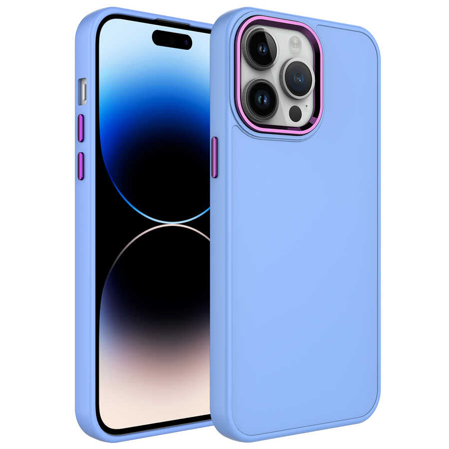 iPhone 13 Pro Max Kılıf Metal Çerçeve ve Buton Tasarımlı Silikon Zore Luna Kılıf - Lila
