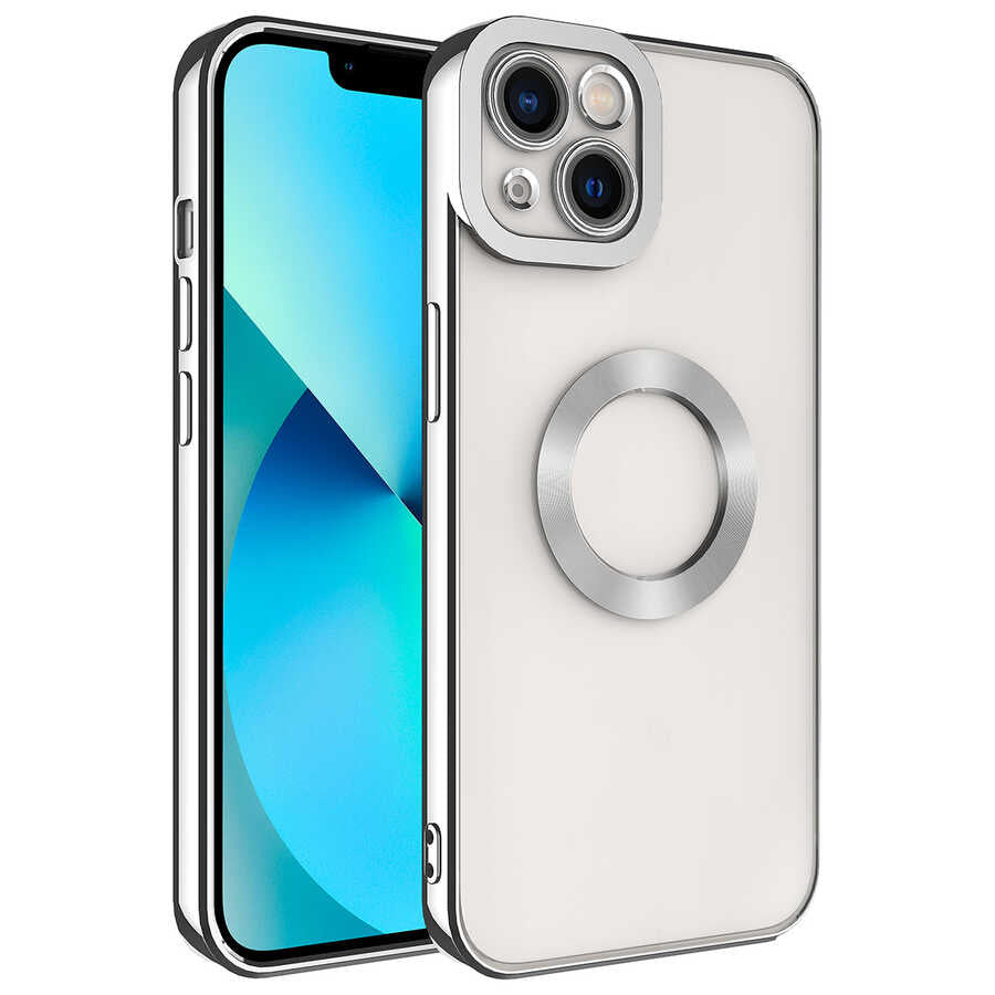 iPhone 14 Kılıf Kamera Korumalı Logo Gösteren Zore Omega Kılıf - Gümüş