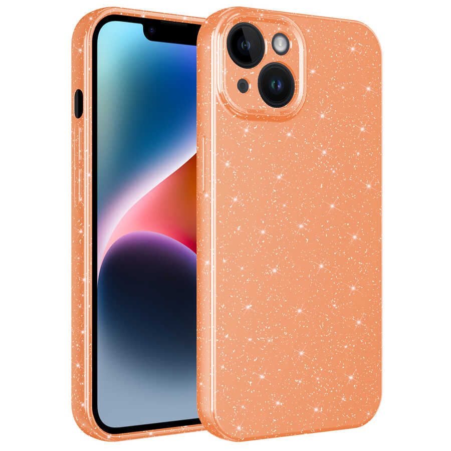 iPhone 14 Kılıf Kamera Korumalı Simli Lüks Zore Koton Kılıf - Turuncu