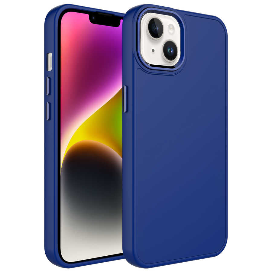 iPhone 14 Kılıf Metal Çerçeve ve Buton Tasarımlı Silikon Zore Luna Kılıf - Lacivert