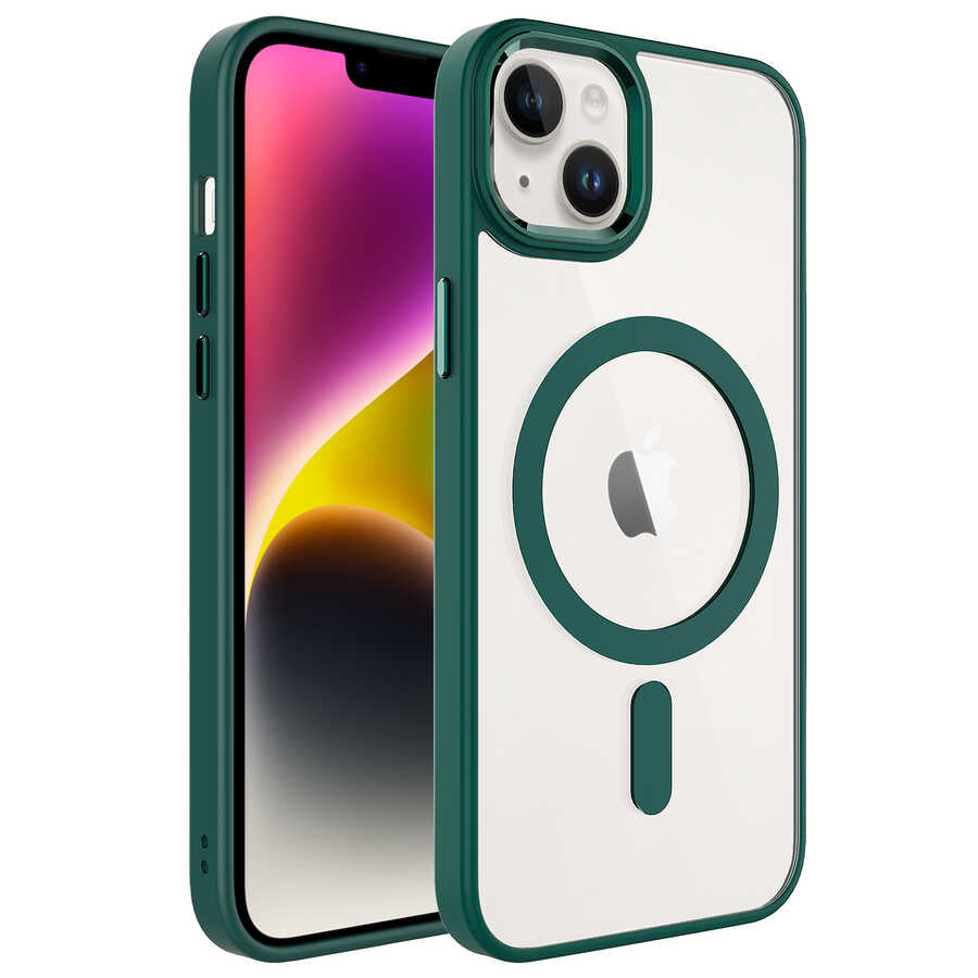 iPhone 14 Plus Kılıf Wireless Şarj Özellikli Zore Krom M-safe Silikon Kılıf - Koyu Yeşil