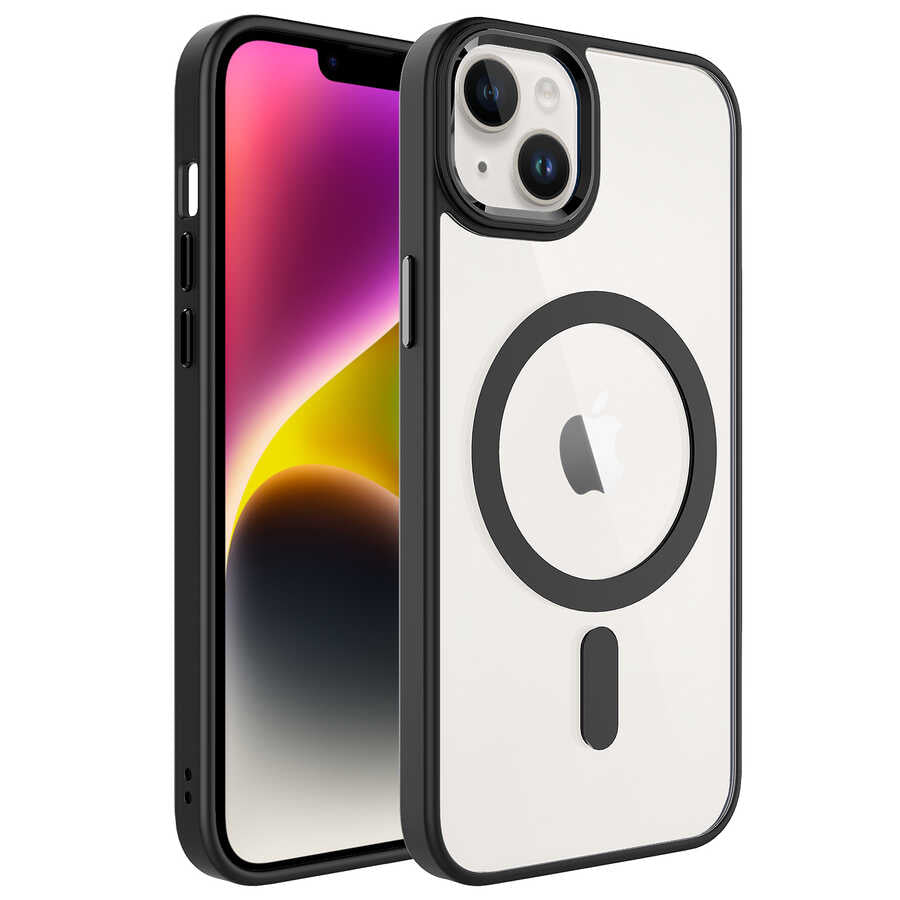 iPhone 14 Plus Kılıf Wireless Şarj Özellikli Zore Krom M-safe Silikon Kılıf - Siyah
