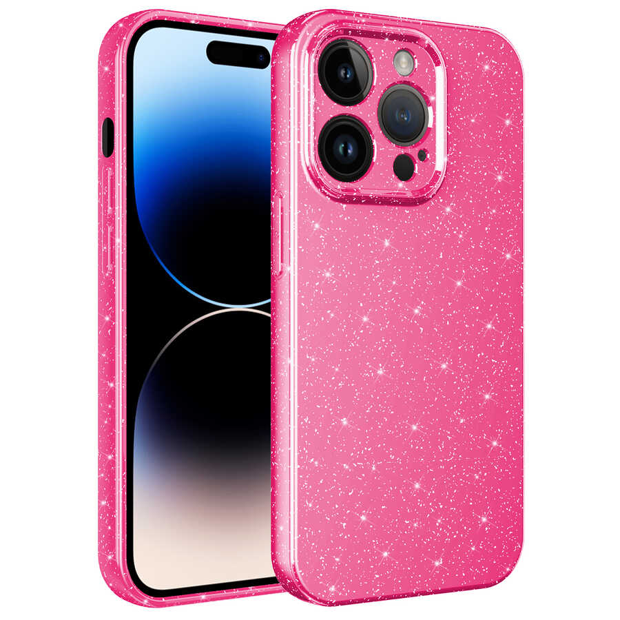 iPhone 14 Pro Kılıf Kamera Korumalı Simli Lüks Zore Koton Kılıf - Pembe Koyu